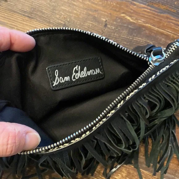 Sam Edelman Handbag / Black Leather Fringe w/ Back Black and Ivory Fabric Purse - Picture 4 of 4